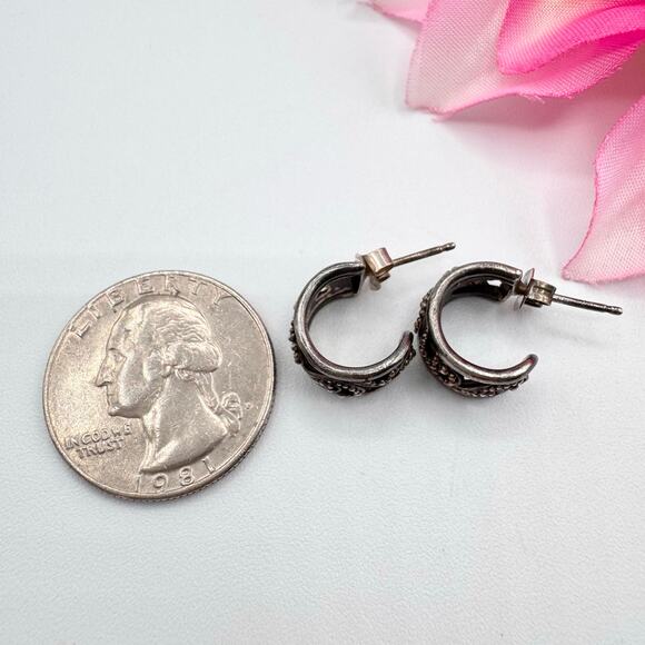Vintage Silver Bali Style Scroll Beaded Wide Huggie Hoop Earrings Patina 4.08 G - Picture 11 of 15